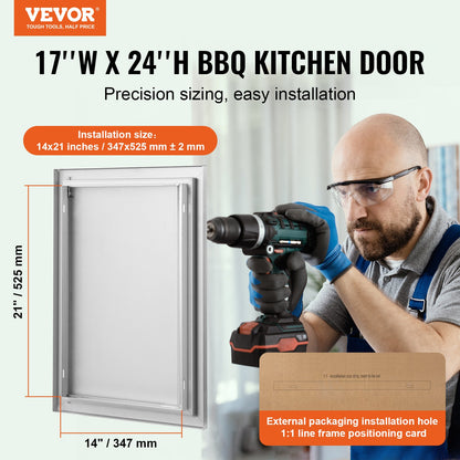 BBQ Access Door, 432x610 mm Single Outdoor Kitchen Door, Stainless Steel Flush Mount Door, Wall Vertical Door with Recessed Handle, for BBQ Island, Grilling Station, Outside Cabinet