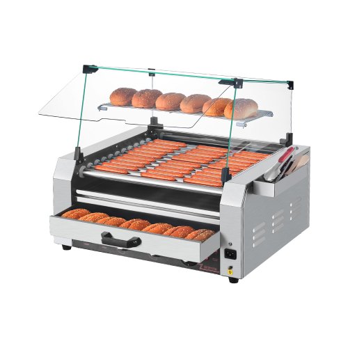 Hot Dog Roller, 30 Hot Dog 11 Rollers, Stainless Steel Sausage Grill Cooker, 2400W Hot Dog Machine with Bun Warmer, Cover, 3 Temp Control, Side Storage Box, Oil Drip Tray, for Home & Commercial