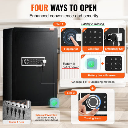 Single Door 113 L Safe Box with Key Lock, Password & Fingerprint, Safe Lock Box with Fireproof Bag, Key Rack, LED Light, and 2 Shelves for Money, Documents, Jewelry, and Valuables, Black