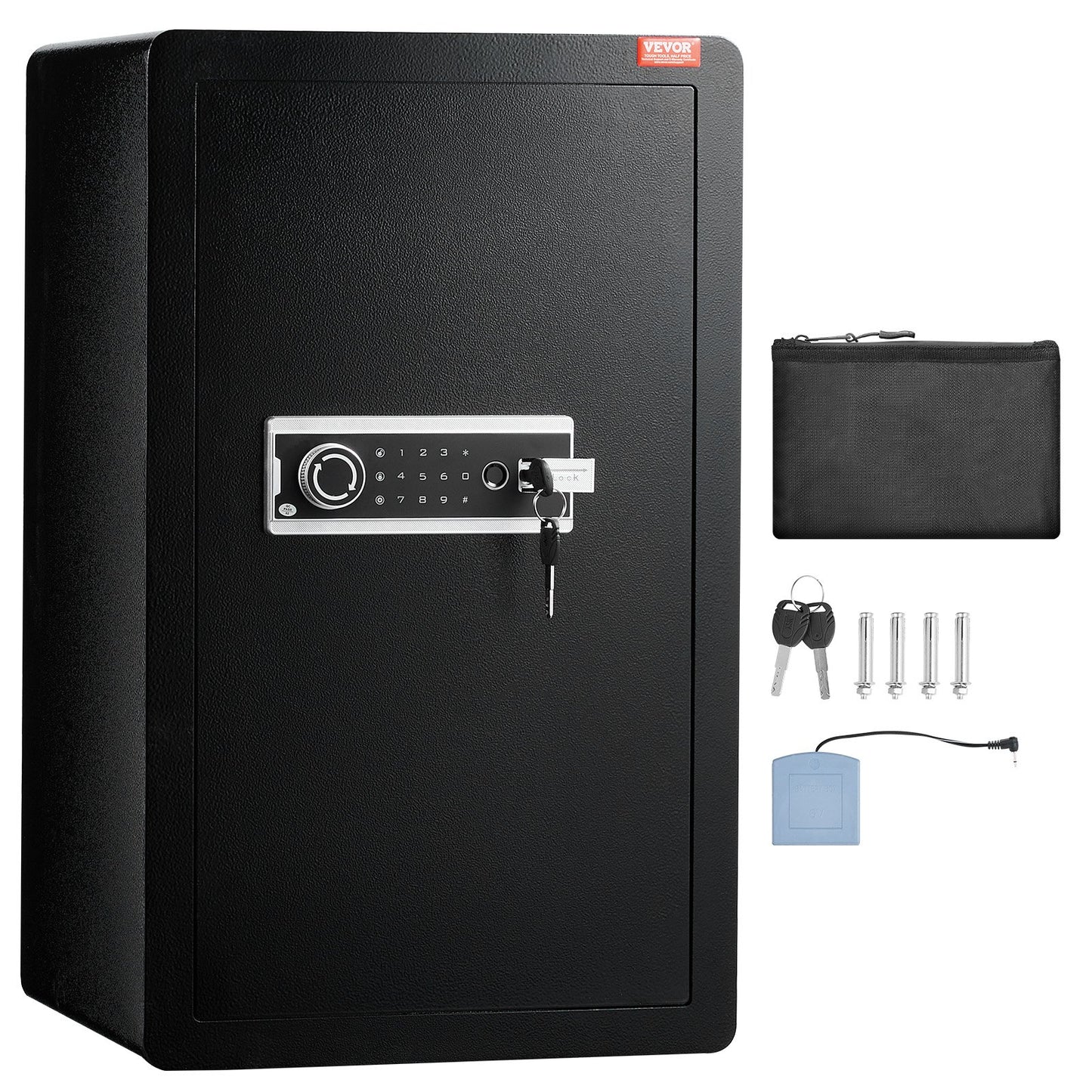 Single Door 113 L Safe Box with Key Lock, Password & Fingerprint, Safe Lock Box with Fireproof Bag, Key Rack, LED Light, and 2 Shelves for Money, Documents, Jewelry, and Valuables, Black