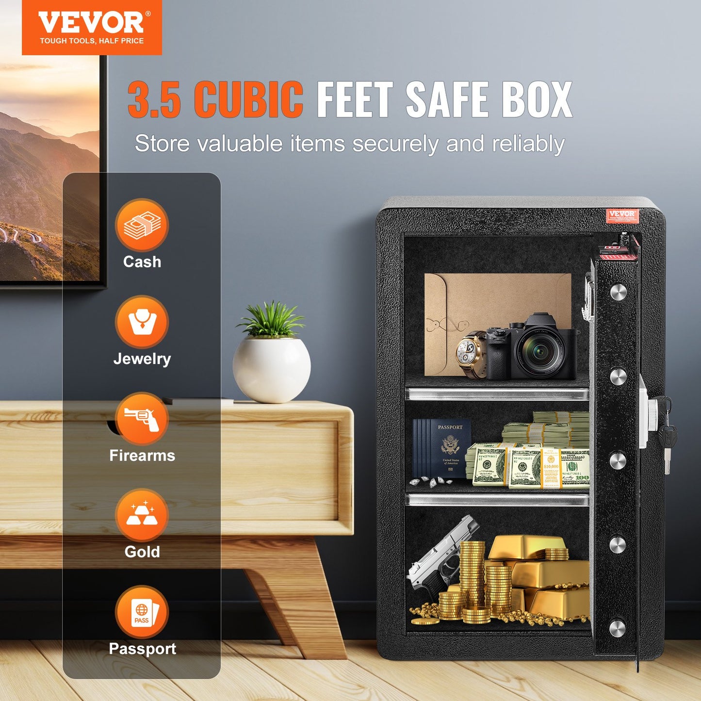 Single Door 99 L Safe Box with Key Lock & Password, Safe Lock Box with Fireproof Bag, Key Rack, LED Light, and 2 Shelves for Money, Documents, Jewelry, and Valuables, Black