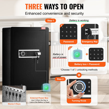 Single Door 99 L Safe Box with Key Lock & Password, Safe Lock Box with Fireproof Bag, Key Rack, LED Light, and 2 Shelves for Money, Documents, Jewelry, and Valuables, Black