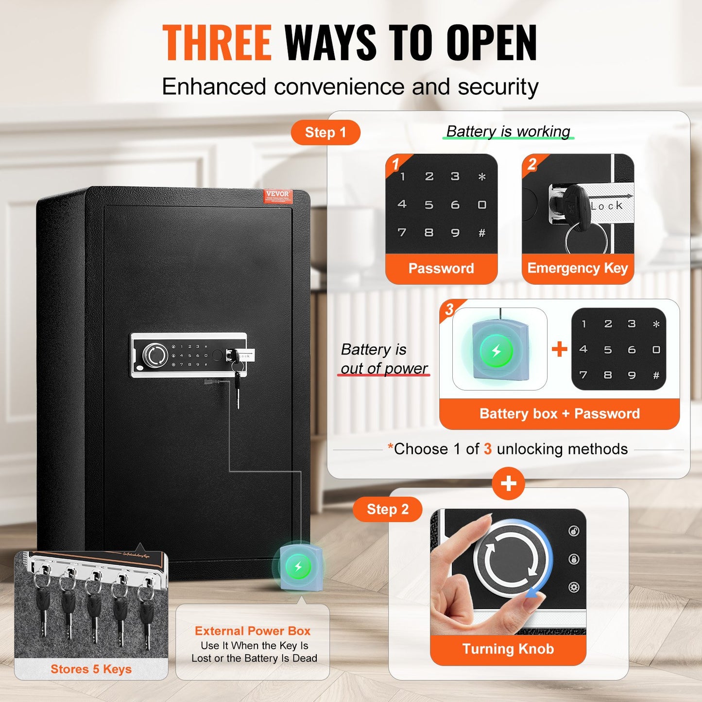 Single Door 113 L Safe Box with Key Lock & Password, Safe Lock Box with Fireproof Bag, Key Rack, LED Light, 2 Shelves, and 1 Cabinet for Money, Documents, Jewelry, and Valuables, Black