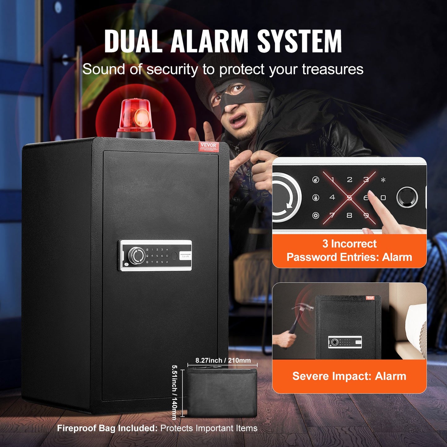 Single Door 113 L Safe Box with Key Lock & Password, Safe Lock Box with Fireproof Bag, Key Rack, LED Light, 2 Shelves, and 1 Cabinet for Money, Documents, Jewelry, and Valuables, Black