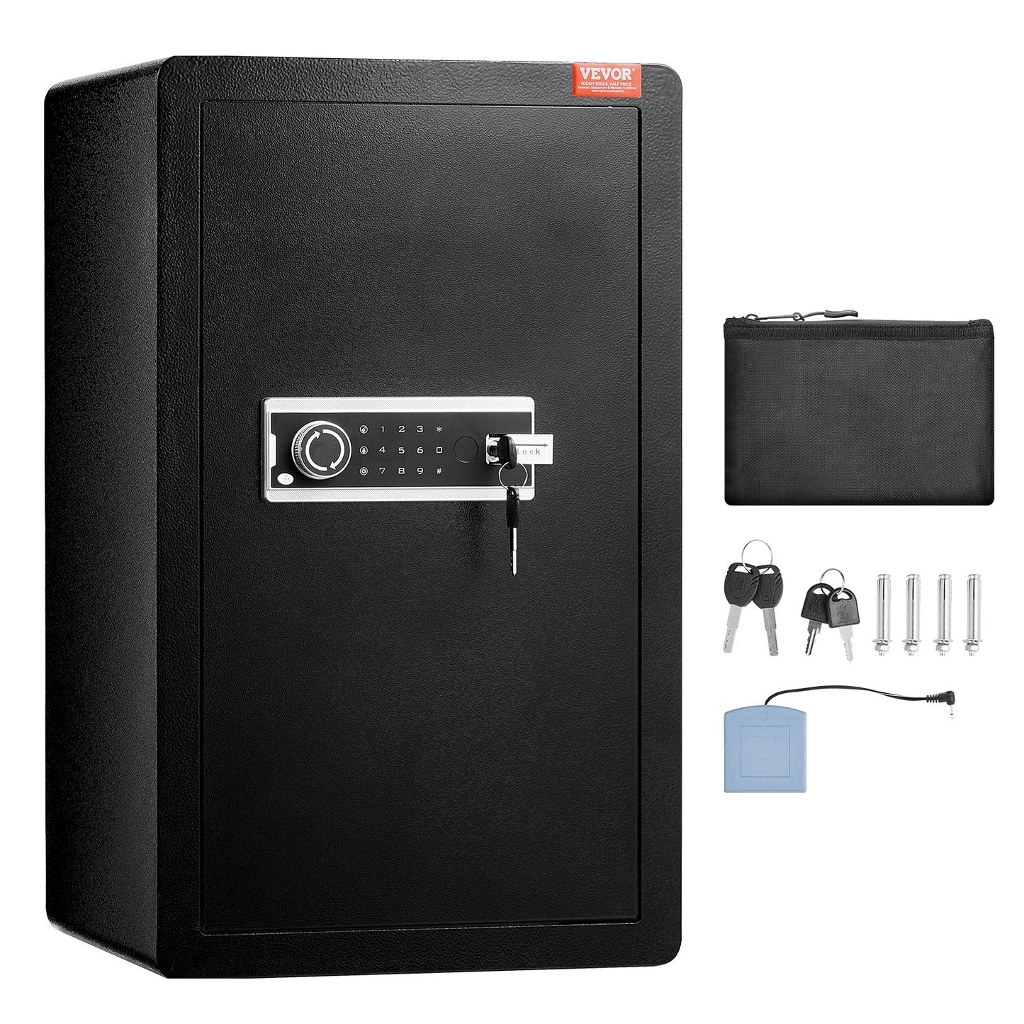 Single Door 113 L Safe Box with Key Lock & Password, Safe Lock Box with Fireproof Bag, Key Rack, LED Light, 2 Shelves, and 1 Cabinet for Money, Documents, Jewelry, and Valuables, Black
