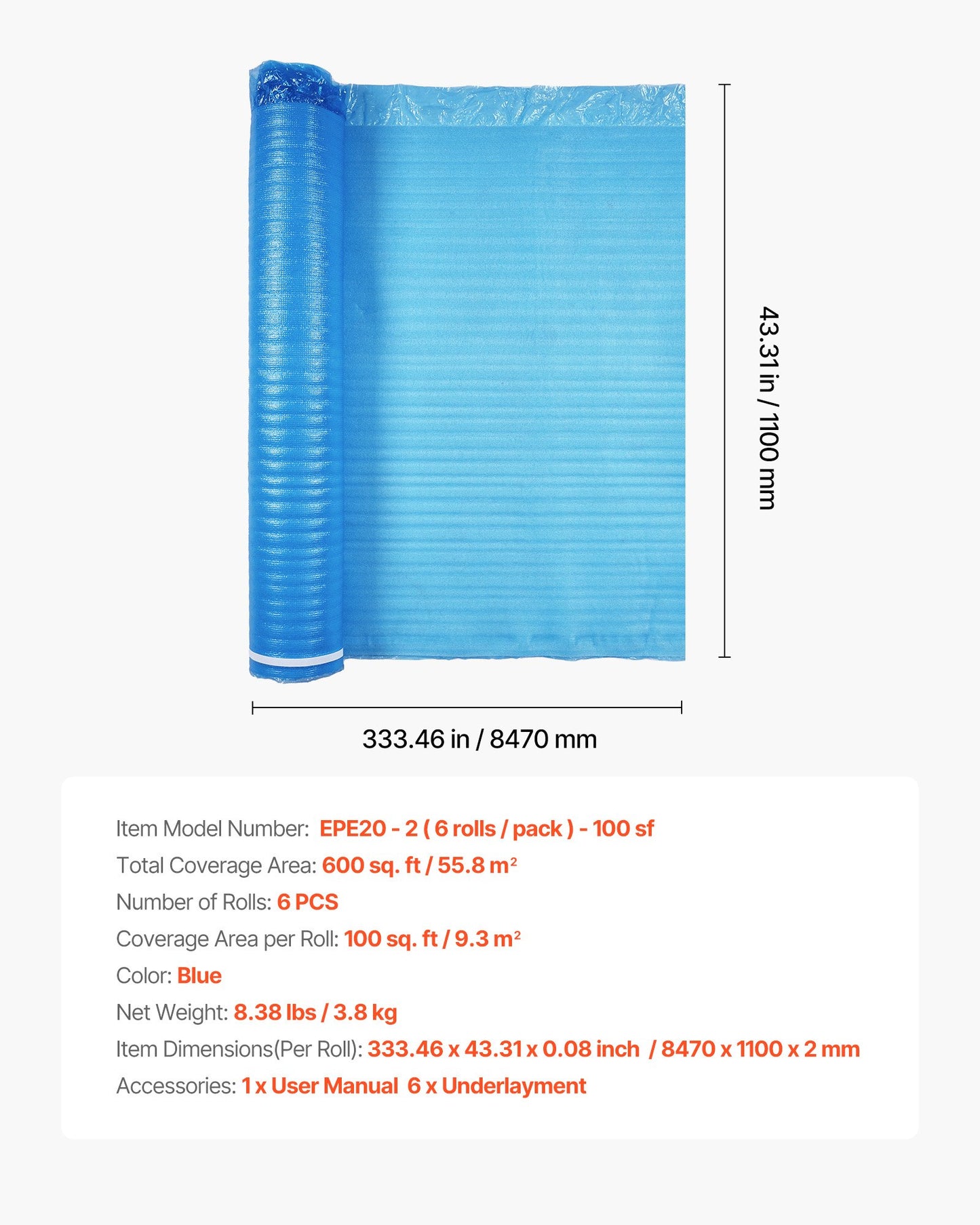 Floor Underlayment 55.8 m², 3-in-1 2 mm Thick Flooring Padding with Tape & Vapor Barrier, Heavy Duty EPE Foam with Blue PE, Soundproofing & Noise Reduction, for Laminate Wood (6 Rolls x 9.3 m²)