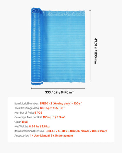 Floor Underlayment 55.8 m², 3-in-1 2 mm Thick Flooring Padding with Tape & Vapor Barrier, Heavy Duty EPE Foam with Blue PE, Soundproofing & Noise Reduction, for Laminate Wood (6 Rolls x 9.3 m²)