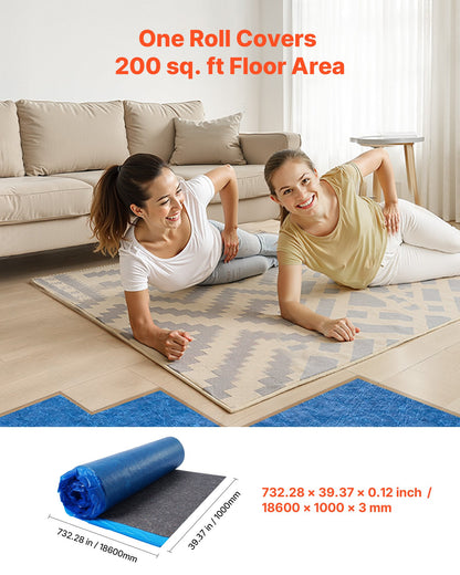 Floor Underlayment 37.2 m², 3mm Laminate Flooring Padding with Attached Vapor Barrier, Heavy Duty Fiber+PE Film, Soundproofing & Noise Reduction for Vinyl & Wood Floors(2 Rolls x 18.6 m²)