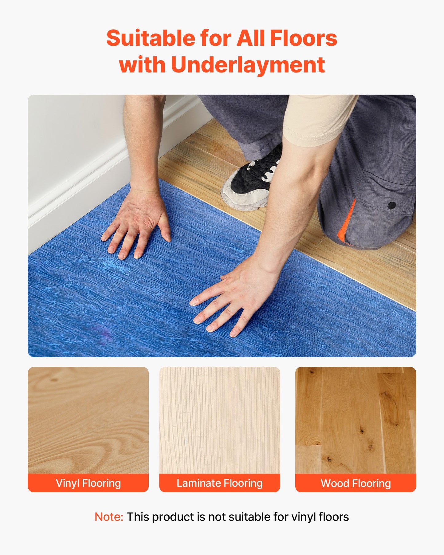 Floor Underlayment 37.2 m², 3mm Laminate Flooring Padding with Attached Vapor Barrier, Heavy Duty Fiber+PE Film, Soundproofing & Noise Reduction for Vinyl & Wood Floors(2 Rolls x 18.6 m²)