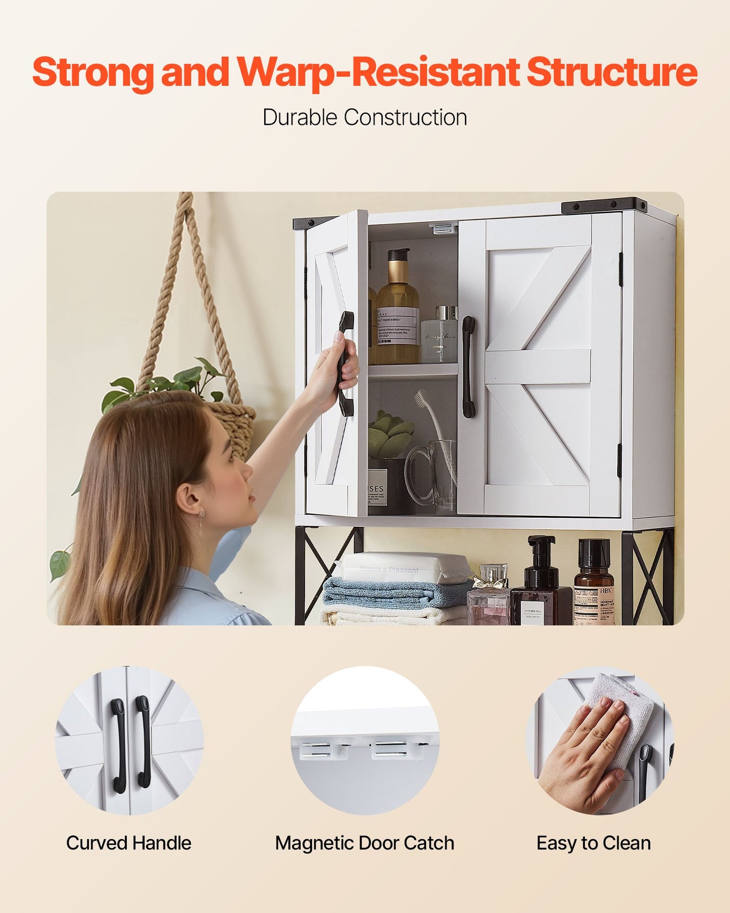 Bathroom Wall Cabinet, with 2 Doors & Adjustable Shelf, Over the Toilet Storage Medicine Cabinet Wall Mounted, Hanging Organizer with Open Partition & Towel Bar for Laundry Room Kitchen, White