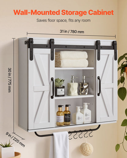 Bathroom Wall Cabinet, 2 Doors and Adjustable Shelf, Over the Toilet Storage Medicine Cabinet Wall Mounted, Hanging Organizer with Open Partition/Towel Bar/Hooks for Laundry Room Kitchen, White