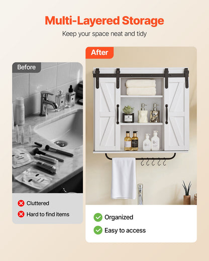 Bathroom Wall Cabinet, 2 Doors and Adjustable Shelf, Over the Toilet Storage Medicine Cabinet Wall Mounted, Hanging Organizer with Open Partition/Towel Bar/Hooks for Laundry Room Kitchen, White