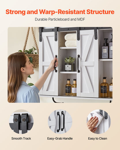 Bathroom Wall Cabinet, 2 Doors and Adjustable Shelf, Over the Toilet Storage Medicine Cabinet Wall Mounted, Hanging Organizer with Open Partition/Towel Bar/Hooks for Laundry Room Kitchen, White