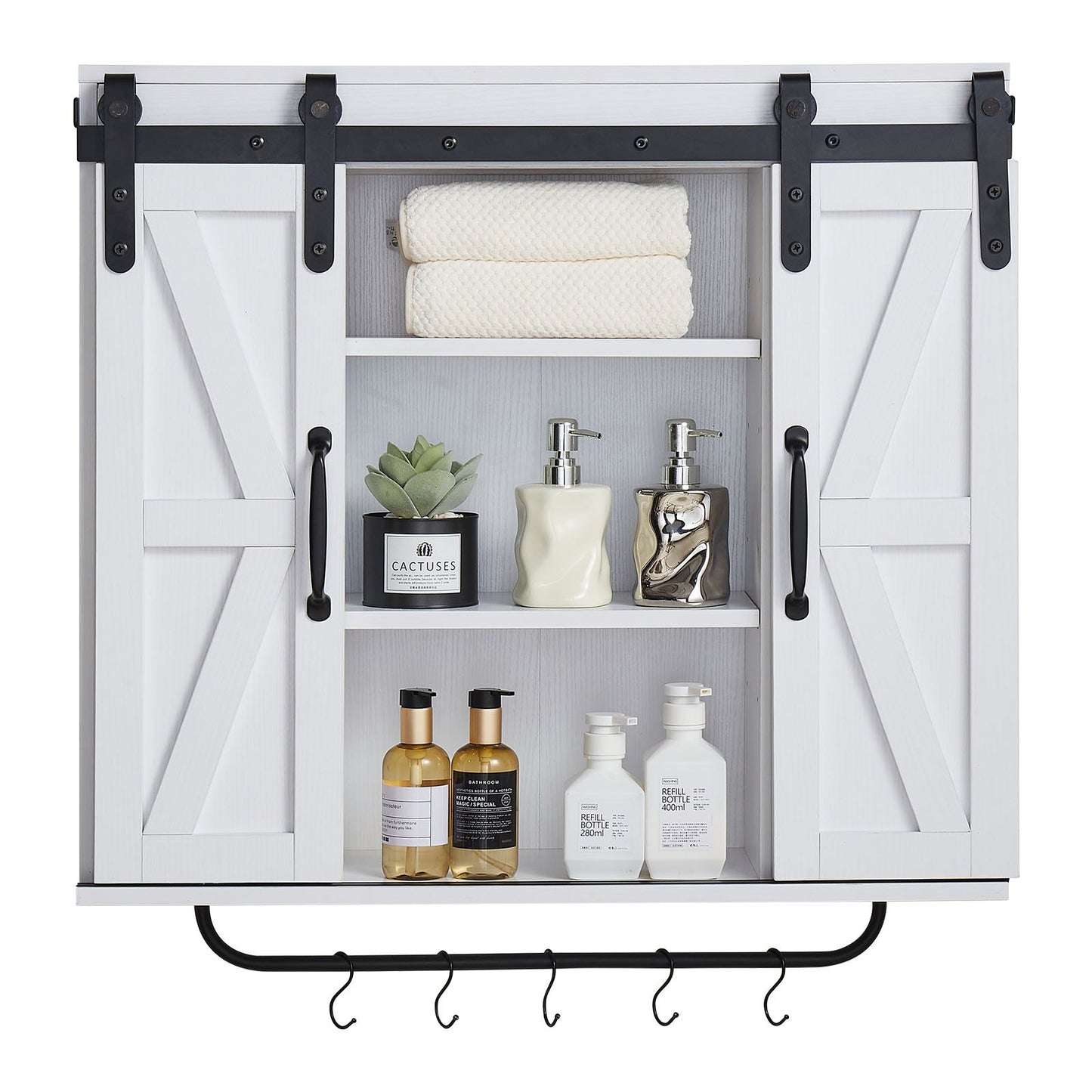 Bathroom Wall Cabinet, 2 Doors and Adjustable Shelf, Over the Toilet Storage Medicine Cabinet Wall Mounted, Hanging Organizer with Open Partition/Towel Bar/Hooks for Laundry Room Kitchen, White
