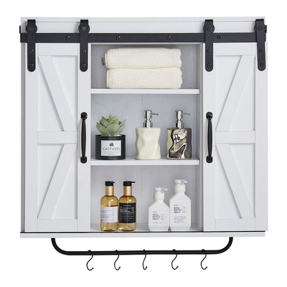 Bathroom Wall Cabinet, 2 Doors and Adjustable Shelf, Over the Toilet Storage Medicine Cabinet Wall Mounted, Hanging Organizer with Open Partition/Towel Bar/Hooks for Laundry Room Kitchen, White