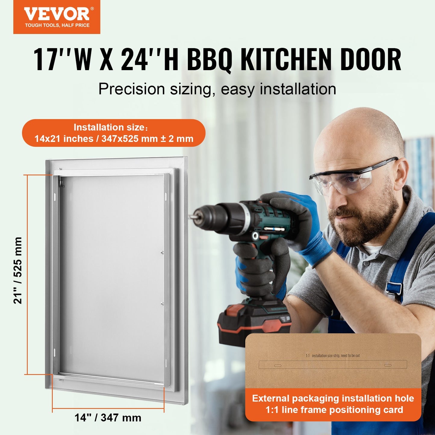 BBQ Access Door, 432x610 mm Single Outdoor Kitchen Door, Stainless Steel Flush Mount Door, Wall Vertical Door with Handle, for BBQ Island, Grilling Station, Outside Cabinet