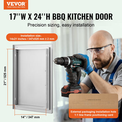 BBQ Access Door, 432x610 mm Single Outdoor Kitchen Door, Stainless Steel Flush Mount Door, Wall Vertical Door with Handle, for BBQ Island, Grilling Station, Outside Cabinet