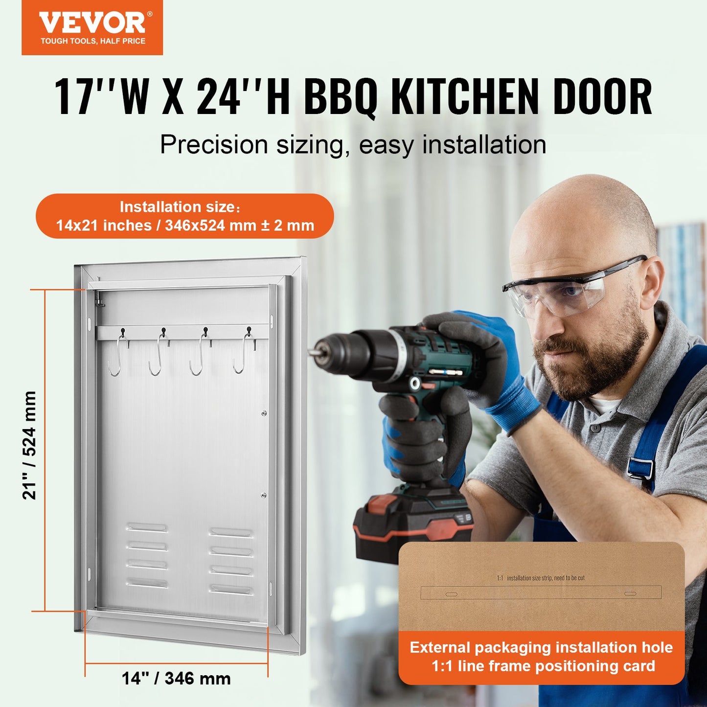 BBQ Access Door, 610x431 mm Single Outdoor Kitchen Door, Stainless Steel Flush Mount Door, Wall Vertical Door with Handle, Vents and Hook, for BBQ Island, Grilling Station, Outside Cabinet