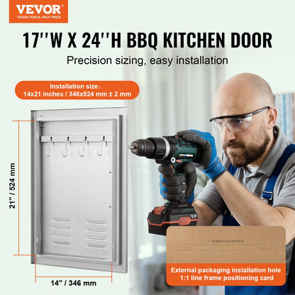 BBQ Access Door, 610x431 mm Single Outdoor Kitchen Door, Stainless Steel Flush Mount Door, Wall Vertical Door with Handle, Vents and Hook, for BBQ Island, Grilling Station, Outside Cabinet