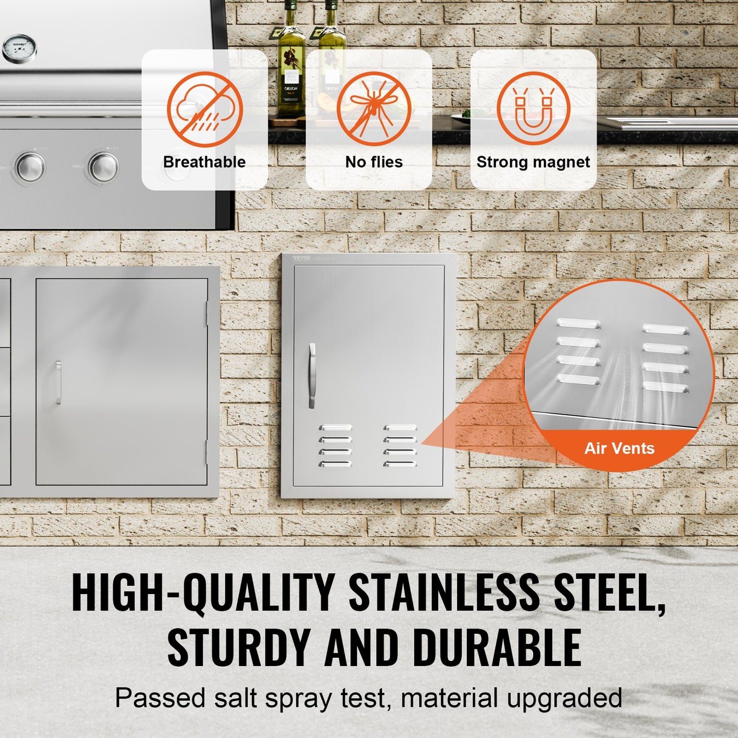 BBQ Access Door, 610x431 mm Single Outdoor Kitchen Door, Stainless Steel Flush Mount Door, Wall Vertical Door with Handle, Vents and Hook, for BBQ Island, Grilling Station, Outside Cabinet