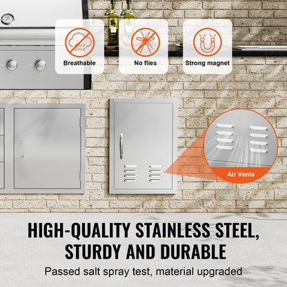 BBQ Access Door, 610x431 mm Single Outdoor Kitchen Door, Stainless Steel Flush Mount Door, Wall Vertical Door with Handle, Vents and Hook, for BBQ Island, Grilling Station, Outside Cabinet