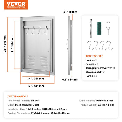 BBQ Access Door, 610x431 mm Single Outdoor Kitchen Door, Stainless Steel Flush Mount Door, Wall Vertical Door with Handle, Vents and Hook, for BBQ Island, Grilling Station, Outside Cabinet