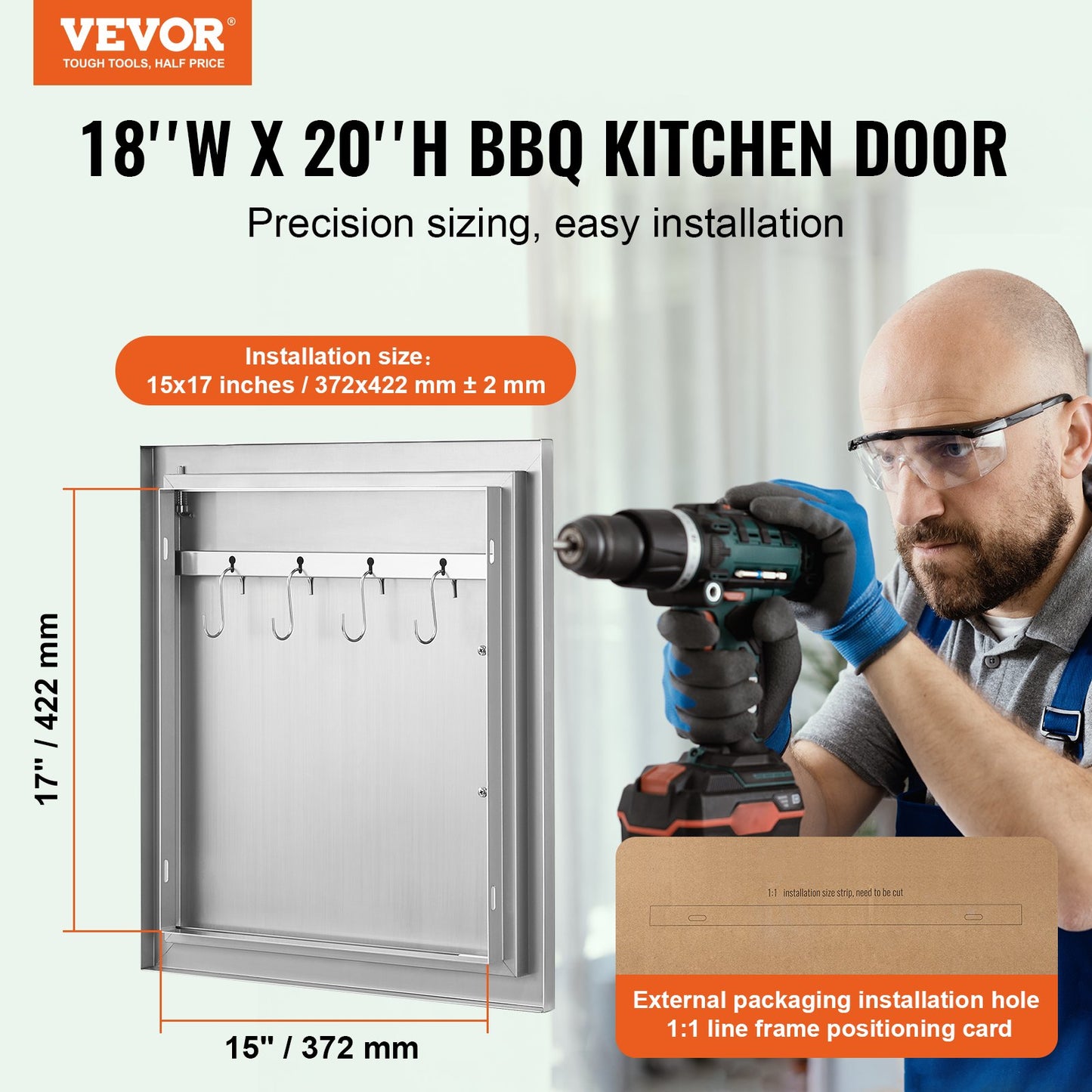 BBQ Access Door, 457x508 mm Single Outdoor Kitchen Door, Stainless Steel Flush Mount Door, Wall Vertical Door with Handle and Hook, for BBQ Island, Grilling Station, Outside Cabinet