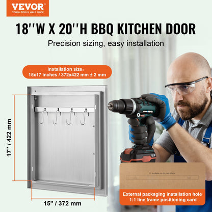 BBQ Access Door, 457x508 mm Single Outdoor Kitchen Door, Stainless Steel Flush Mount Door, Wall Vertical Door with Handle and Hook, for BBQ Island, Grilling Station, Outside Cabinet