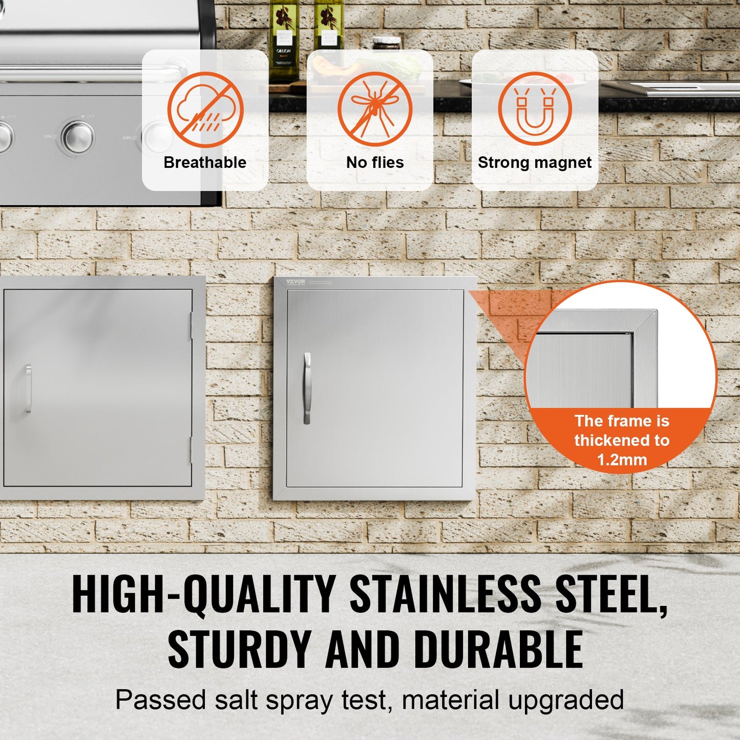 BBQ Access Door, 457x508 mm Single Outdoor Kitchen Door, Stainless Steel Flush Mount Door, Wall Vertical Door with Handle and Hook, for BBQ Island, Grilling Station, Outside Cabinet