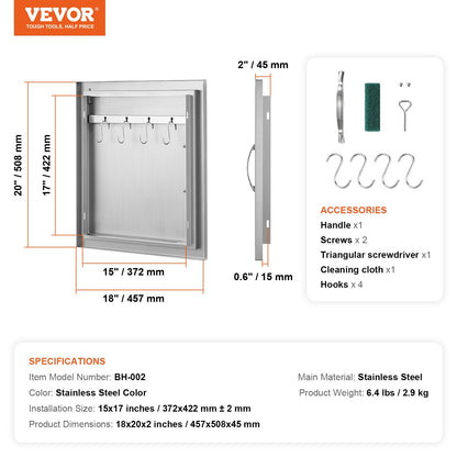 BBQ Access Door, 457x508 mm Single Outdoor Kitchen Door, Stainless Steel Flush Mount Door, Wall Vertical Door with Handle and Hook, for BBQ Island, Grilling Station, Outside Cabinet