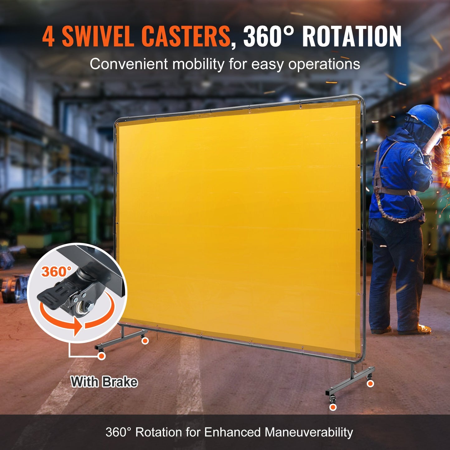 Welding Screen with Frame, 6' x 8' Welding Curtain Screen, Flame-Resistant Vinyl Welding Protection Screen on 4 Swivel Wheel (2 Lockable), Moveable & Professional for Workshop/Industrial, Yellow