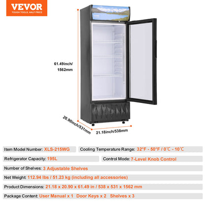 Commercial Merchandiser Refrigerator, 6.8 Cu.Ft / 195L Beverage Refrigerator Cooler Merchandiser, Glass Door Display Refrigerator Upright Fridge with 3 Adjustable Shelves, Customizable Lightbox