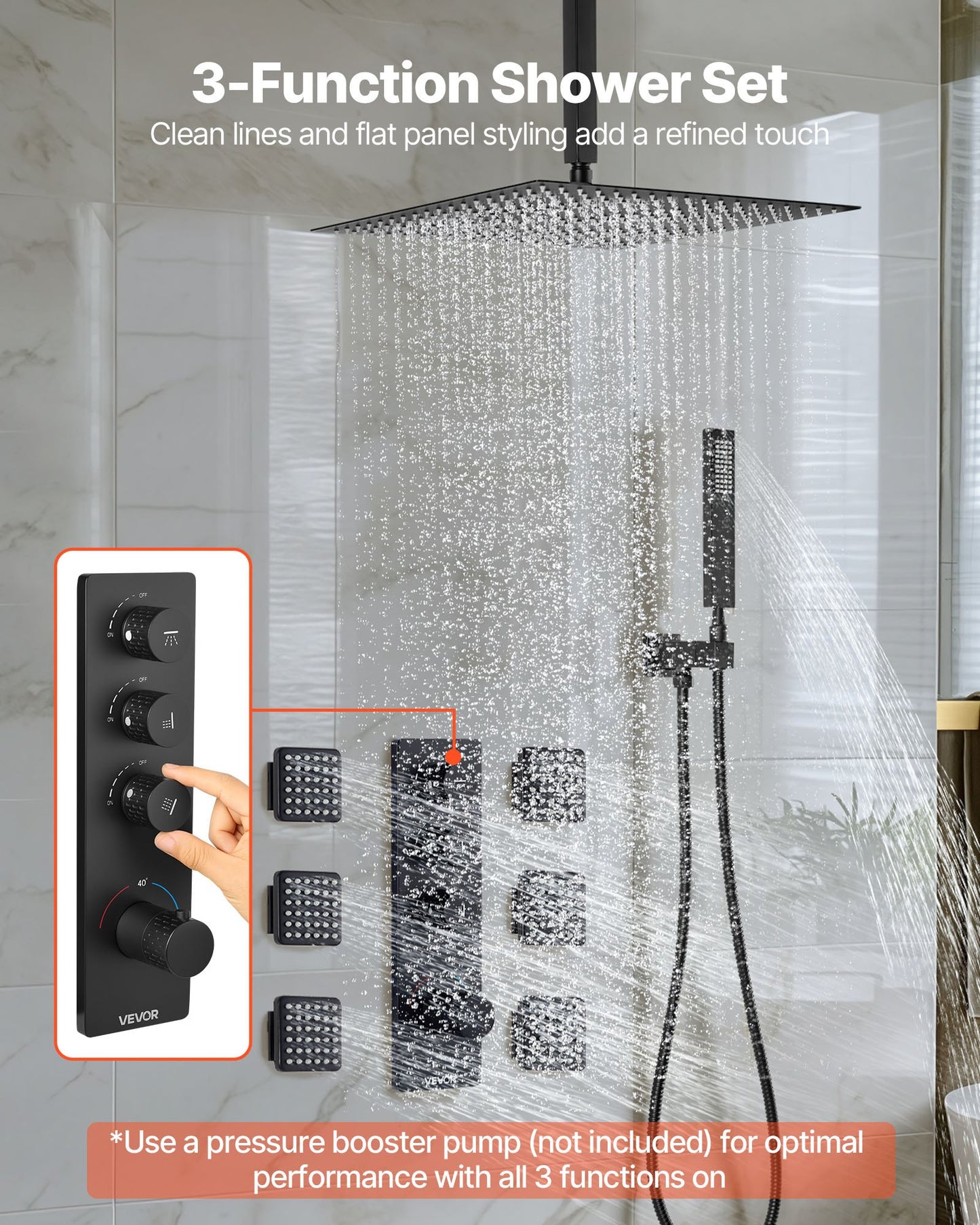 Shower Faucet Set, 406 mm Thermostatic Ceiling Mount Rainfall Shower System with 6 Body Jets and Handheld Spray, Rotatable 3-Function Rain Head Complete Brass Valve and Trim Kit, Matte Black