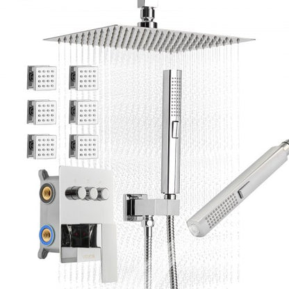 Shower Faucet Set, 254 mm Ceiling Mount Rainfall Shower System with 6 Body Jets and 2 in 1 Handheld Spray, Rotatable 3-Function Rain Head System Set, Complete Brass Valve and Trim Kit, Chrome