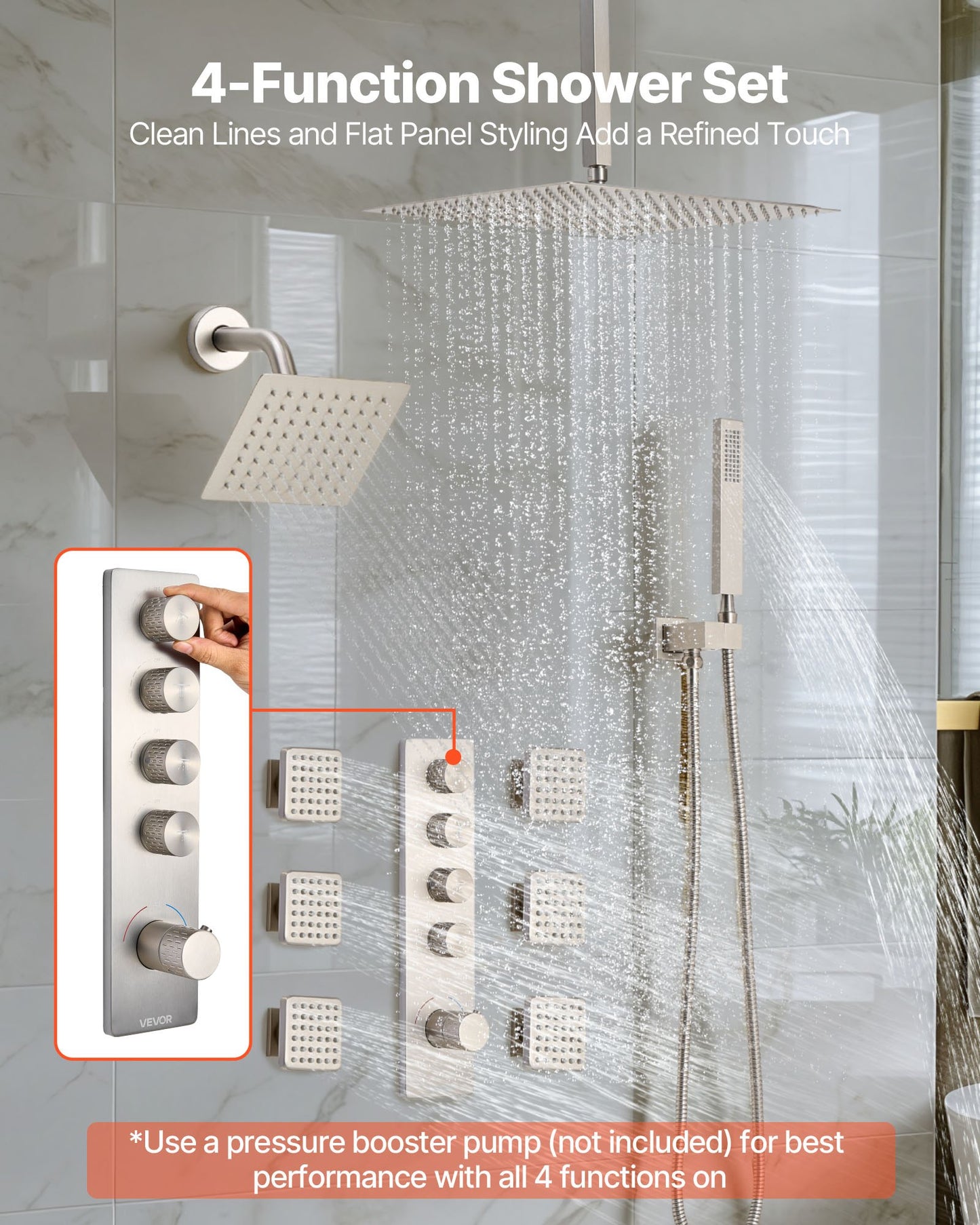 Shower Faucet Set, 406 mm Thermostatic Ceiling Mount Rainfall Shower System with 152 mm Wall Mount Head, 6 Body Jets and Handheld Spray, Dual Rain Head Brass Valve and Trim Kit, Brushed Nickel