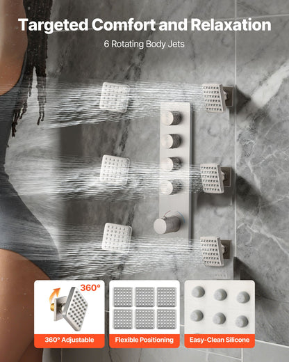 Shower Faucet Set, 406 mm Thermostatic Ceiling Mount Rainfall Shower System with 152 mm Wall Mount Head, 6 Body Jets and Handheld Spray, Dual Rain Head Brass Valve and Trim Kit, Brushed Nickel