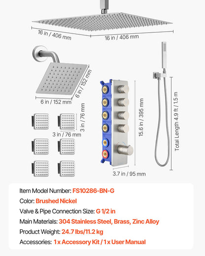 Shower Faucet Set, 406 mm Thermostatic Ceiling Mount Rainfall Shower System with 152 mm Wall Mount Head, 6 Body Jets and Handheld Spray, Dual Rain Head Brass Valve and Trim Kit, Brushed Nickel
