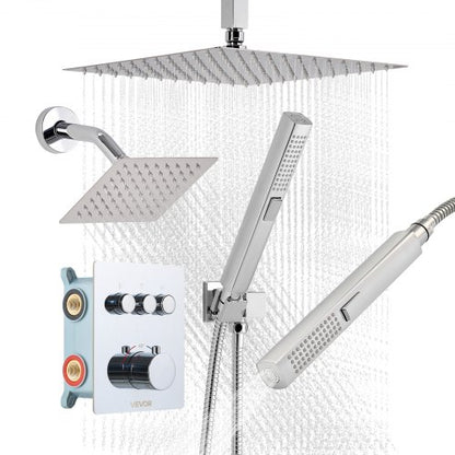 Shower Faucet Set, 305 mm Thermostatic Ceiling Mount Rainfall Shower System with 152 mm Wall Mount Head and 2 in 1 Handheld Spray, 3-Function Dual Rain Head Brass Valve and Trim Kit, Chrome