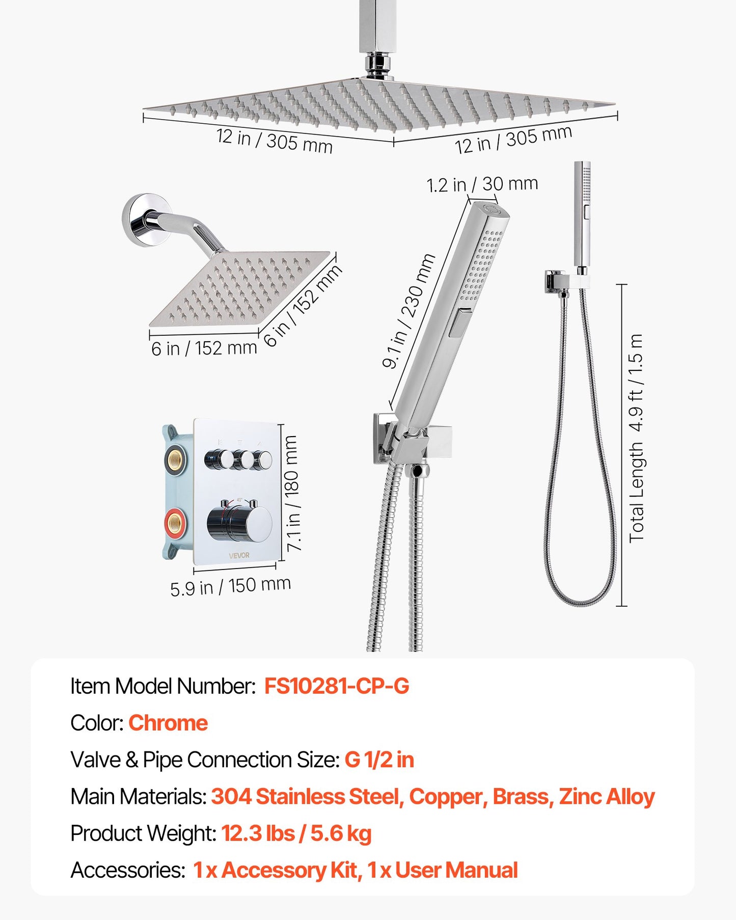 Shower Faucet Set, 305 mm Thermostatic Ceiling Mount Rainfall Shower System with 152 mm Wall Mount Head and 2 in 1 Handheld Spray, 3-Function Dual Rain Head Brass Valve and Trim Kit, Chrome