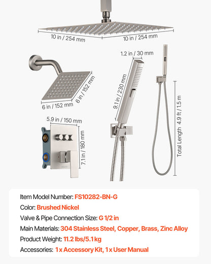 Shower Faucet Set, 254 mm Ceiling Mount Rainfall Shower System with 152 mm Wall Mount Head and 2 in 1 Handheld Spray, Rotatable 3-Function Dual Rain Head Brass Valve & Trim Kit, Brushed Nickel