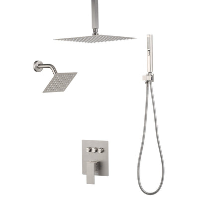 Shower Faucet Set, 254 mm Ceiling Mount Rainfall Shower System with 152 mm Wall Mount Head and 2 in 1 Handheld Spray, Rotatable 3-Function Dual Rain Head Brass Valve & Trim Kit, Brushed Nickel