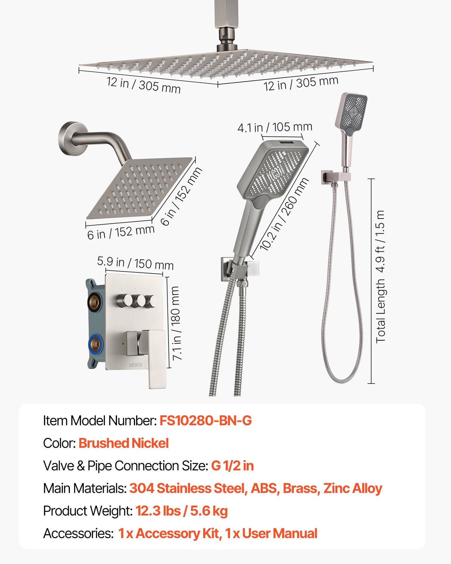 Shower Faucet Set, 305 mm Ceiling Mount Rainfall Shower System with 152 mm Wall Mount Head and 4 in 1 Handheld Spray, Rotatable 3-Function Dual Rain Head Brass Valve & Trim Kit, Brushed Nickel