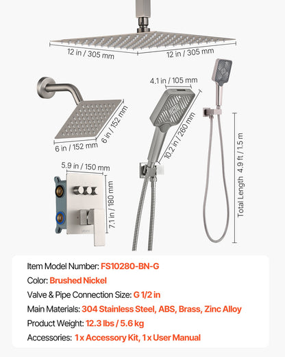 Shower Faucet Set, 305 mm Ceiling Mount Rainfall Shower System with 152 mm Wall Mount Head and 4 in 1 Handheld Spray, Rotatable 3-Function Dual Rain Head Brass Valve & Trim Kit, Brushed Nickel