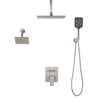 Shower Faucet Set, 305 mm Ceiling Mount Rainfall Shower System with 152 mm Wall Mount Head and 4 in 1 Handheld Spray, Rotatable 3-Function Dual Rain Head Brass Valve & Trim Kit, Brushed Nickel