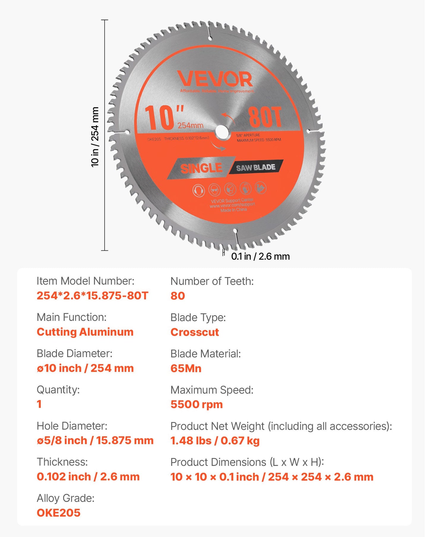 Circular Saw Blade, 254 mm Diameter, 80 Sharp Alloy Teeth, 15.875 mm Arbor, Fine Finish, Aluminum Cutting Blade for Circular Saw, with Noise-Reducing Heat Vents, for Cutting Steel and Metal