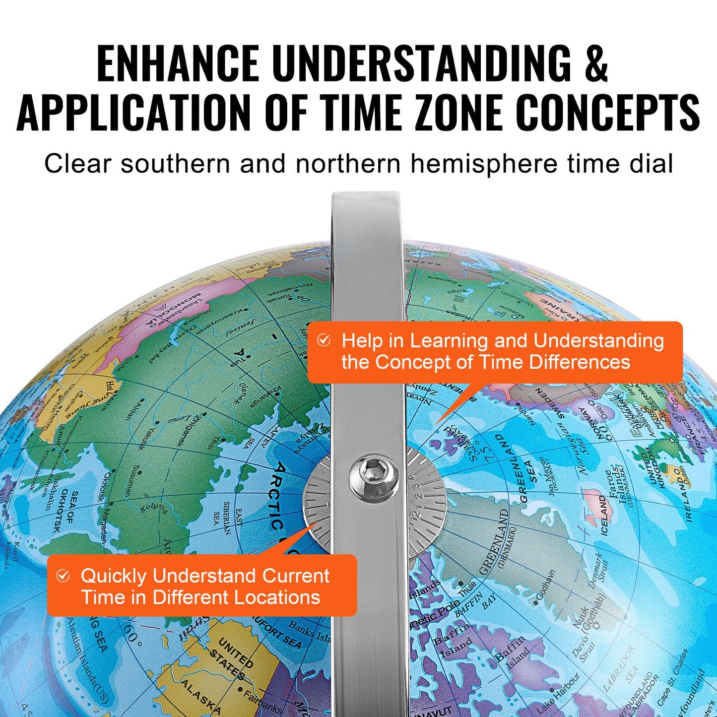 Rotating World Globe with Stand, 13 in/330.2 mm, Educational Geographic Globe with Precise Time Zone ABS Material, 720° Spinning Globe for Kids Children Learning Classroom Geography Education (Map Language: English)