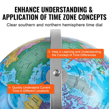 Rotating World Globe with Stand, 13 in/330.2 mm, Educational Geographic Globe with Precise Time Zone ABS Material, 720° Spinning Globe for Kids Children Learning Classroom Geography Education (Map Language: English)