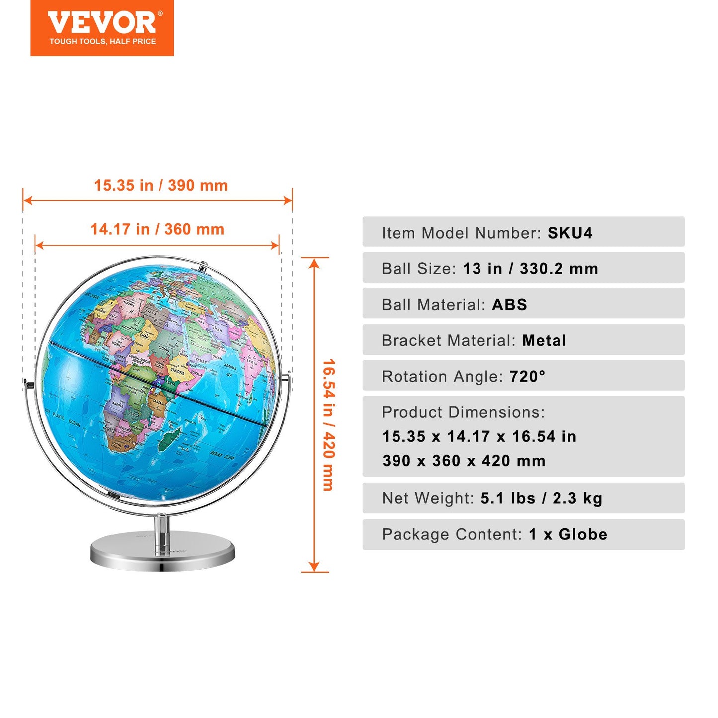 Rotating World Globe with Stand, 13 in/330.2 mm, Educational Geographic Globe with Precise Time Zone ABS Material, 720° Spinning Globe for Kids Children Learning Classroom Geography Education (Map Language: English)