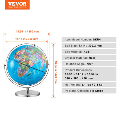 Rotating World Globe with Stand, 13 in/330.2 mm, Educational Geographic Globe with Precise Time Zone ABS Material, 720° Spinning Globe for Kids Children Learning Classroom Geography Education (Map Language: English)
