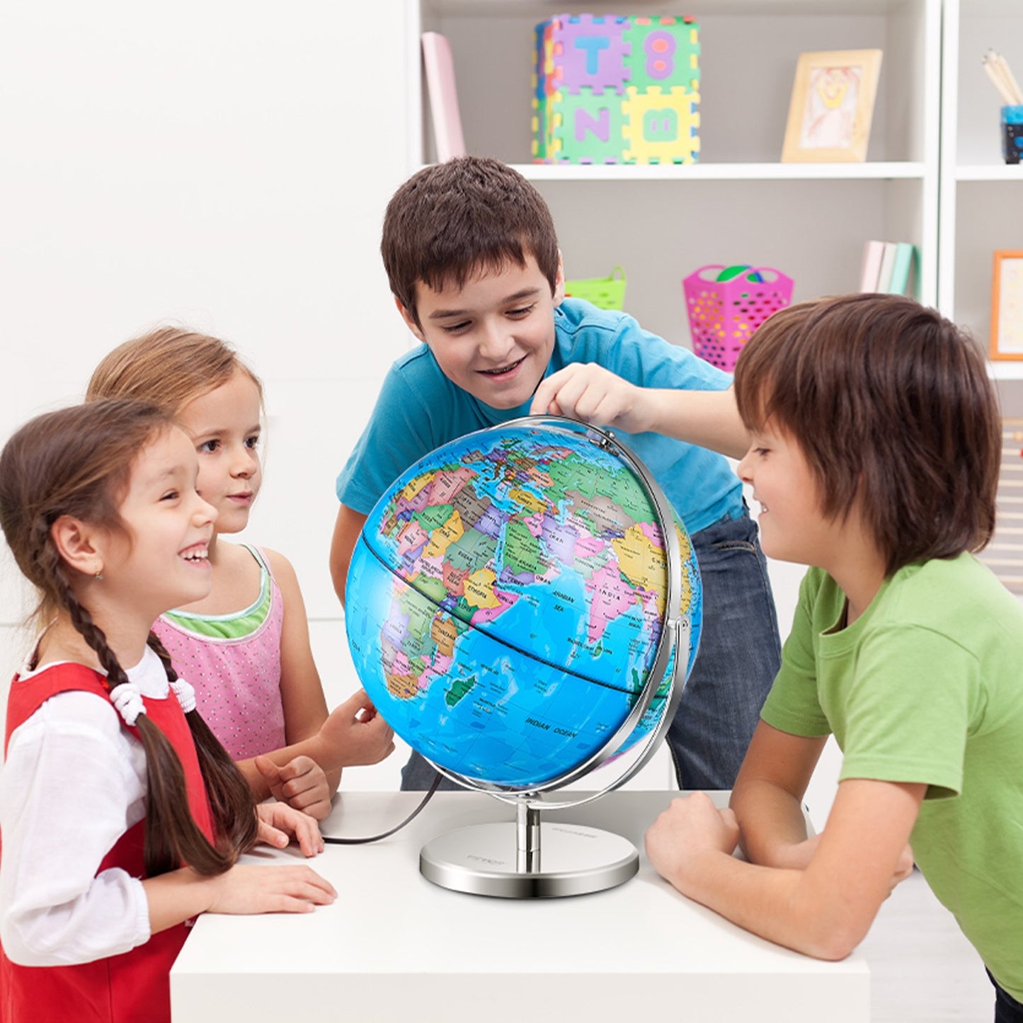 Rotating World Globe with Stand, 13 in/330.2 mm, Educational Geographic Globe with Precise Time Zone ABS Material, 720° Spinning Globe for Kids Children Learning Classroom Geography Education (Map Language: English)